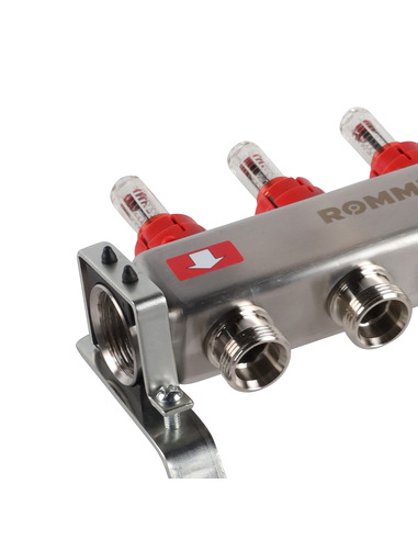 Коллектор ROMMER из нержавеющей стали с расходомерами 3 вых. с воздухоотводчиком и сливом