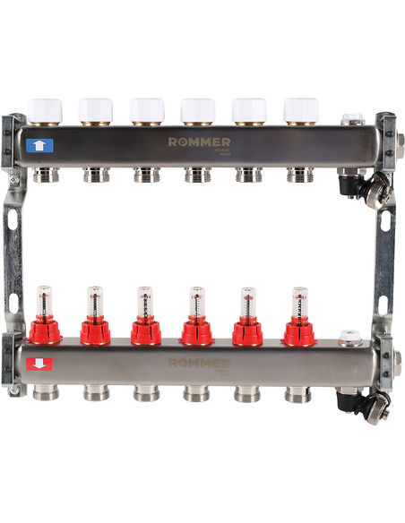 Коллектор ROMMER из нержавеющей стали с расходомерами 6 вых. с воздухоотводчиком и сливом