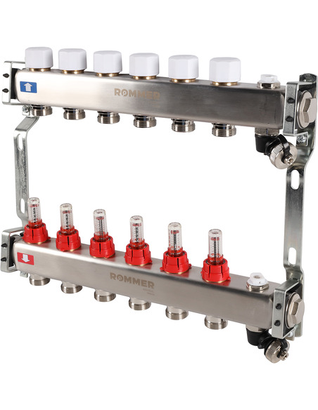 Коллектор ROMMER из нержавеющей стали с расходомерами 6 вых. с воздухоотводчиком и сливом