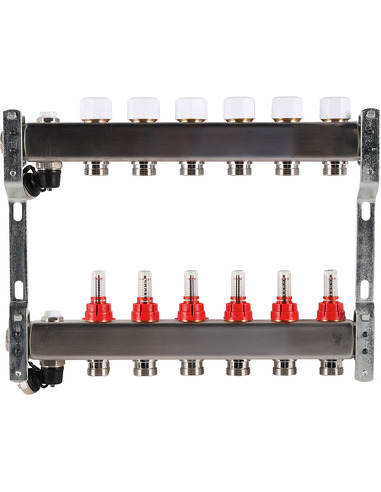 Коллектор ROMMER из нержавеющей стали с расходомерами 6 вых. с воздухоотводчиком и сливом