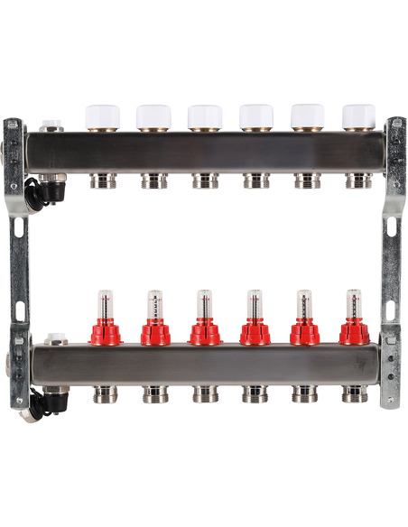 Коллектор ROMMER из нержавеющей стали с расходомерами 6 вых. с воздухоотводчиком и сливом