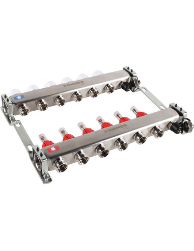 Коллектор ROMMER из нержавеющей стали с расходомерами 6 вых. с воздухоотводчиком и сливом
