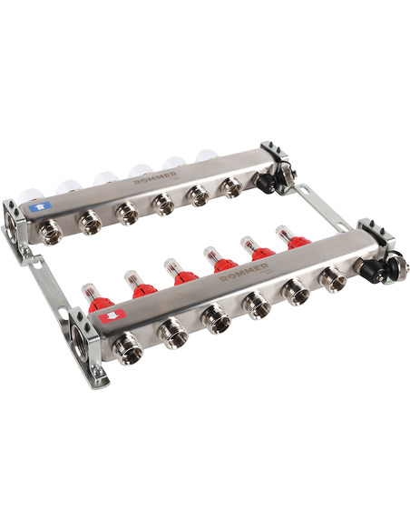 Коллектор ROMMER из нержавеющей стали с расходомерами 6 вых. с воздухоотводчиком и сливом