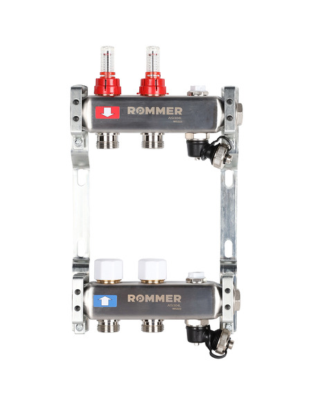 Коллектор ROMMER из нержавеющей стали с расходомерами 2 вых. с воздухоотводчиком и сливом