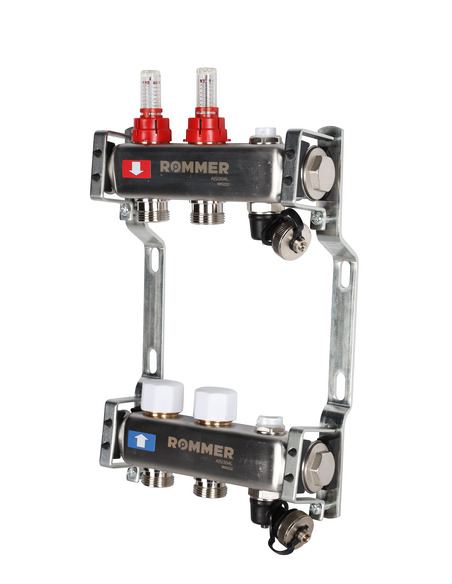 Коллектор ROMMER из нержавеющей стали с расходомерами 2 вых. с воздухоотводчиком и сливом