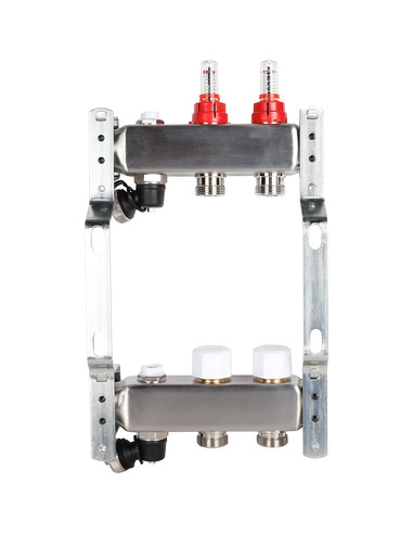 Коллектор ROMMER из нержавеющей стали с расходомерами 2 вых. с воздухоотводчиком и сливом