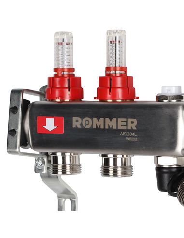 Коллектор ROMMER из нержавеющей стали с расходомерами 2 вых. с воздухоотводчиком и сливом