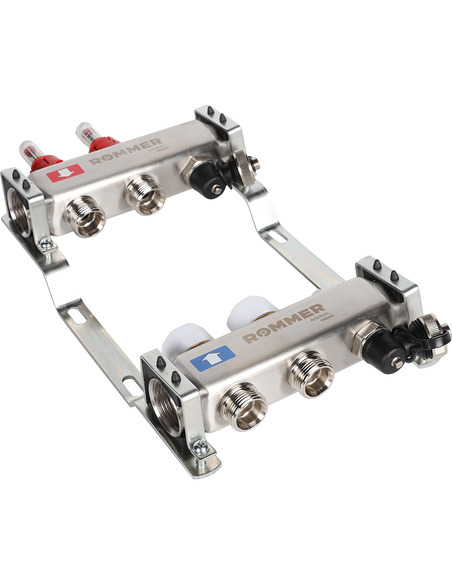 Коллектор ROMMER из нержавеющей стали с расходомерами 2 вых. с воздухоотводчиком и сливом