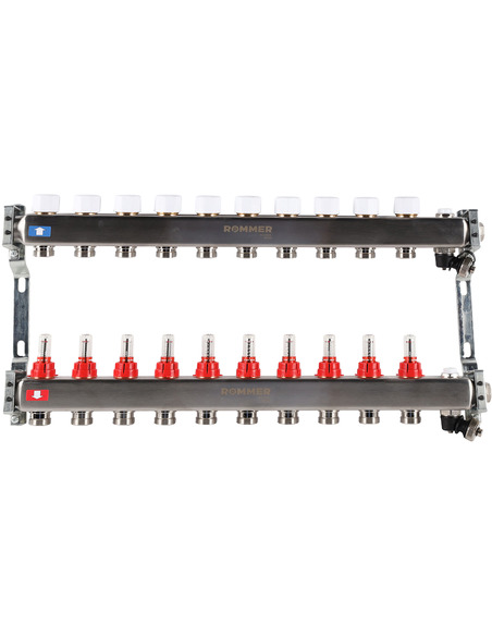 Коллектор ROMMER из нержавеющей стали с расходомерами 10 вых. с воздухоотводчиком и сливом