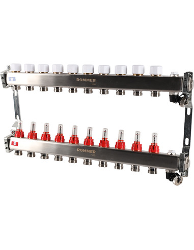 Коллектор ROMMER из нержавеющей стали с расходомерами 10 вых. с воздухоотводчиком и сливом
