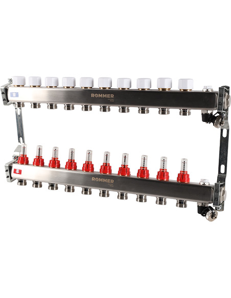 Коллектор ROMMER из нержавеющей стали с расходомерами 10 вых. с воздухоотводчиком и сливом