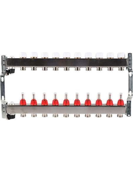 Коллектор ROMMER из нержавеющей стали с расходомерами 10 вых. с воздухоотводчиком и сливом