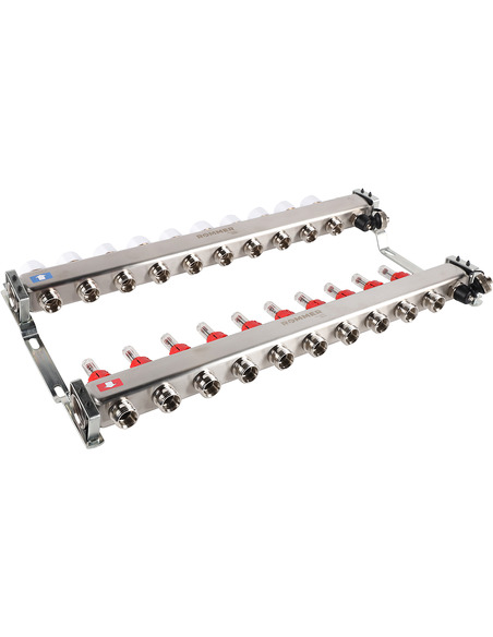 Коллектор ROMMER из нержавеющей стали с расходомерами 10 вых. с воздухоотводчиком и сливом