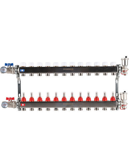 Коллектор ROMMER из нержавеющей стали в сборе с расходомерами 12 вых.