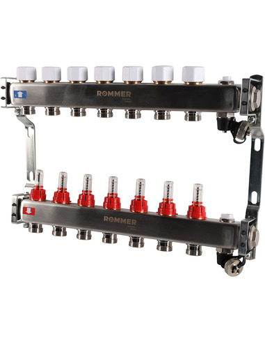 Коллектор ROMMER из нержавеющей стали с расходомерами 7 вых. с воздухоотводчиком и сливом