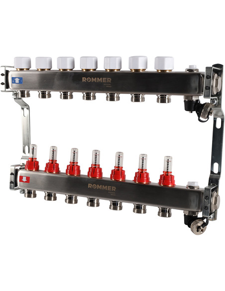 Коллектор ROMMER из нержавеющей стали с расходомерами 7 вых. с воздухоотводчиком и сливом