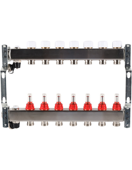 Коллектор ROMMER из нержавеющей стали с расходомерами 7 вых. с воздухоотводчиком и сливом