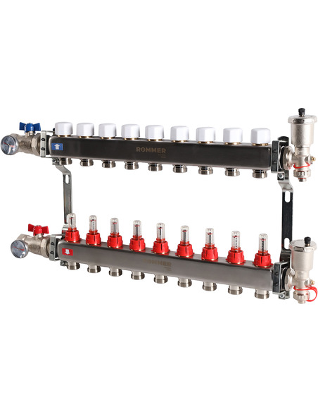 Коллектор ROMMER из нержавеющей стали в сборе с расходомерами 9 вых.