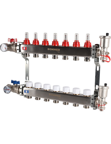 Коллектор ROMMER из нержавеющей стали в сборе с расходомерами 7 вых.
