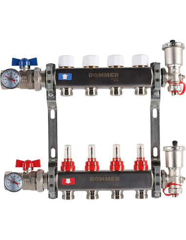 Коллектор ROMMER из нержавеющей стали в сборе с расходомерами 4 вых.
