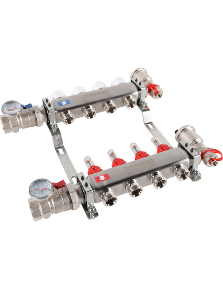 Коллектор ROMMER из нержавеющей стали в сборе с расходомерами 4 вых.