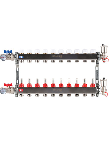 Коллектор ROMMER из нержавеющей стали в сборе с расходомерами 10 вых.