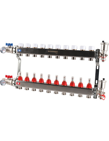 Коллектор ROMMER из нержавеющей стали в сборе с расходомерами 10 вых.