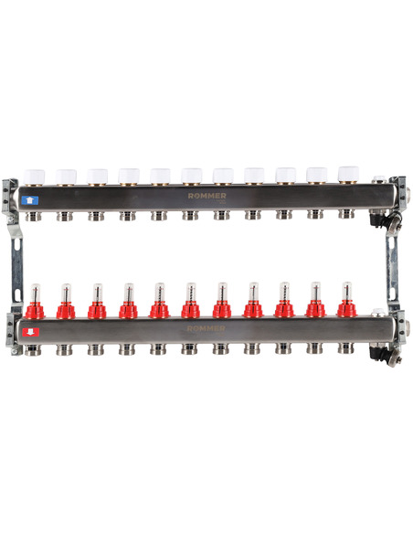 Коллектор ROMMER из нержавеющей стали с расходомерами 11 вых. с воздухоотводчиком и сливом