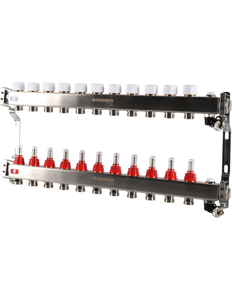 Коллектор ROMMER из нержавеющей стали с расходомерами 11 вых. с воздухоотводчиком и сливом