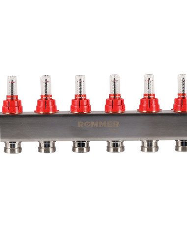 Коллектор ROMMER из нержавеющей стали с расходомерами 11 вых. с воздухоотводчиком и сливом