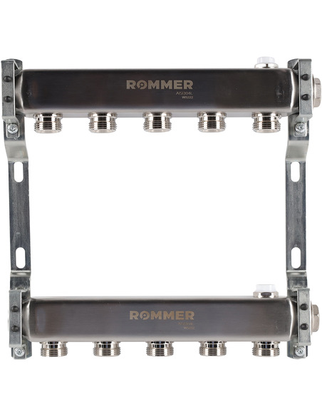 Коллектор ROMMER из нержавеющей стали для радиаторной разводки 5 вых. с воздухоотводчиком