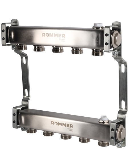 Коллектор ROMMER из нержавеющей стали для радиаторной разводки 5 вых. с воздухоотводчиком
