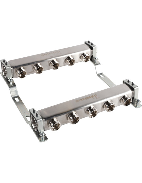 Коллектор ROMMER из нержавеющей стали для радиаторной разводки 5 вых. с воздухоотводчиком