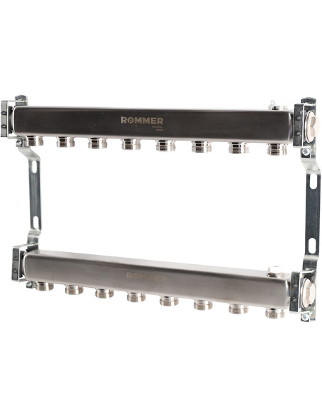 Коллектор ROMMER из нержавеющей стали для радиаторной разводки 8 вых. с воздухоотводчиком