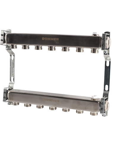 Коллектор ROMMER из нержавеющей стали для радиаторной разводки 7 вых. с воздухоотводчиком