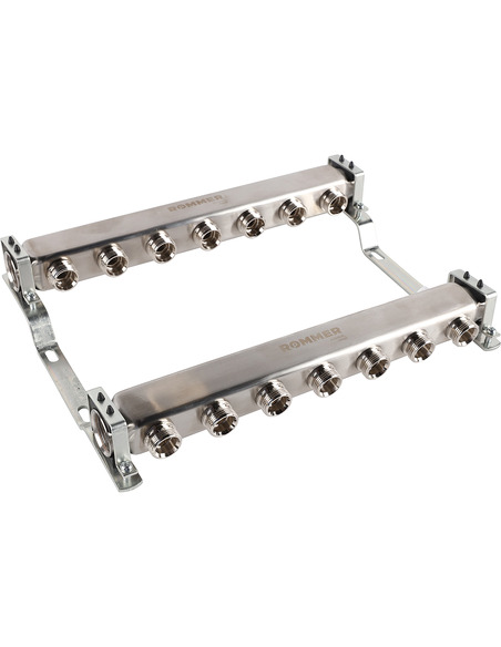 Коллектор ROMMER из нержавеющей стали для радиаторной разводки 7 вых. с воздухоотводчиком