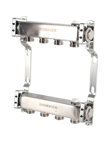 Коллектор ROMMER из нержавеющей стали для радиаторной разводки 4 вых. с воздухоотводчиком