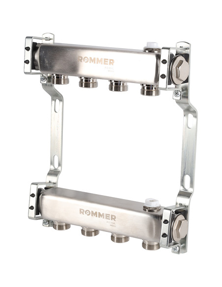 Коллектор ROMMER из нержавеющей стали для радиаторной разводки 4 вых. с воздухоотводчиком