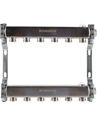 Коллектор ROMMER из нержавеющей стали для радиаторной разводки 6 вых. с воздухоотводчиком