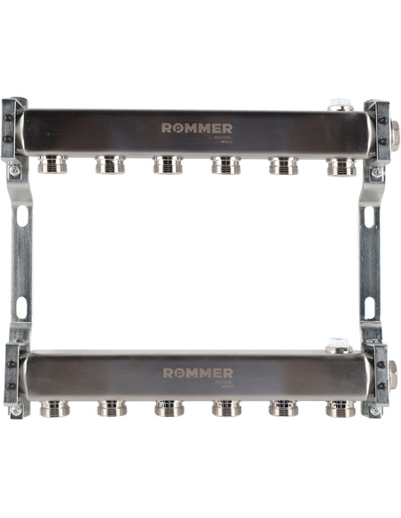 Коллектор ROMMER из нержавеющей стали для радиаторной разводки 6 вых. с воздухоотводчиком