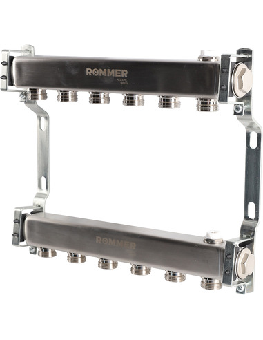 Коллектор ROMMER из нержавеющей стали для радиаторной разводки 6 вых. с воздухоотводчиком
