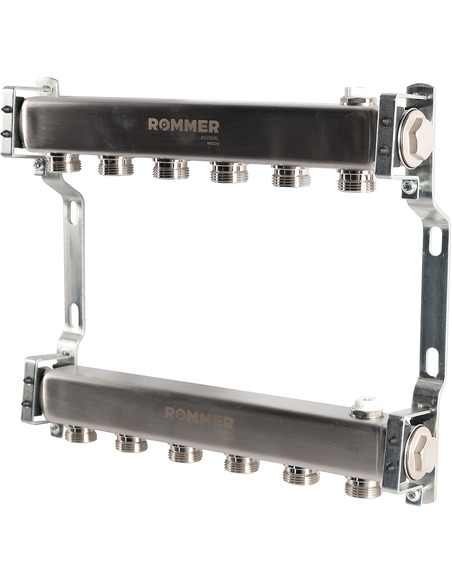 Коллектор ROMMER из нержавеющей стали для радиаторной разводки 6 вых. с воздухоотводчиком