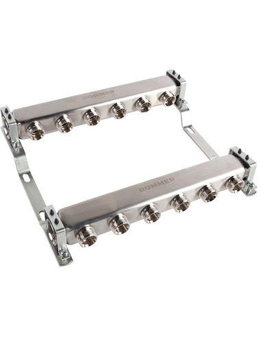 Коллектор ROMMER из нержавеющей стали для радиаторной разводки 6 вых. с воздухоотводчиком