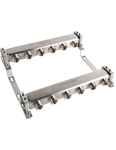 Коллектор ROMMER из нержавеющей стали для радиаторной разводки 6 вых. с воздухоотводчиком