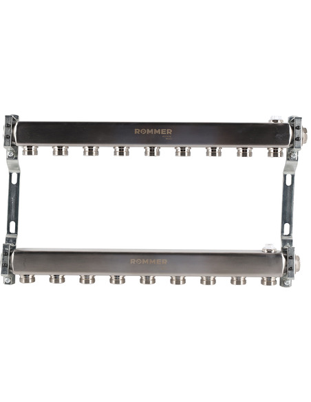 Коллектор ROMMER из нержавеющей стали для радиаторной разводки 9 вых. с воздухоотводчиком