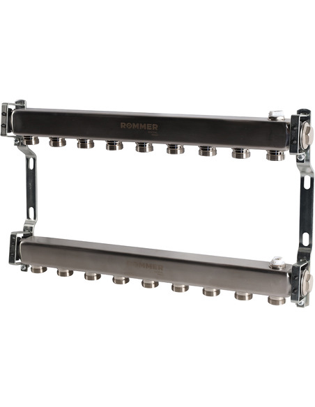 Коллектор ROMMER из нержавеющей стали для радиаторной разводки 9 вых. с воздухоотводчиком