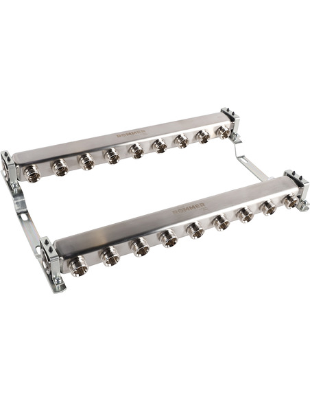 Коллектор ROMMER из нержавеющей стали для радиаторной разводки 9 вых. с воздухоотводчиком