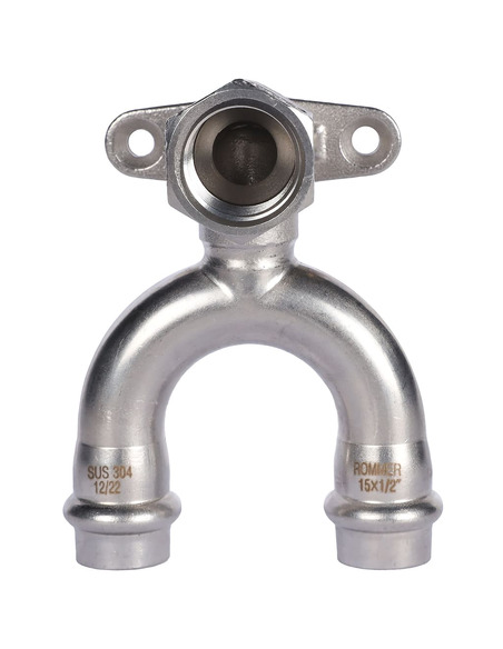 Угольник проходной с креплением ROMMER 15х1/2" ВР для нержавеющих труб пресс